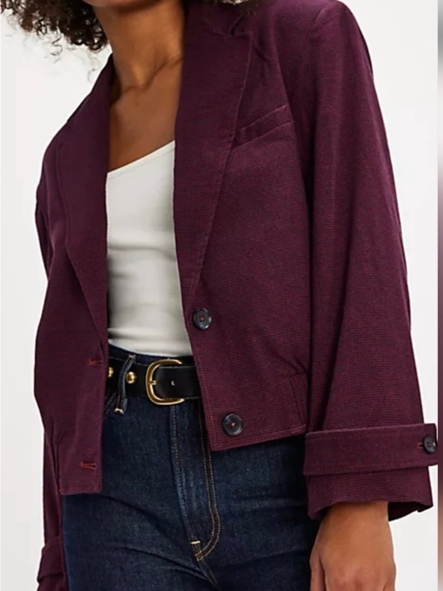 #408 Free People Agnes Cropped Plum Purple/Blue Houndstooth Blazer S